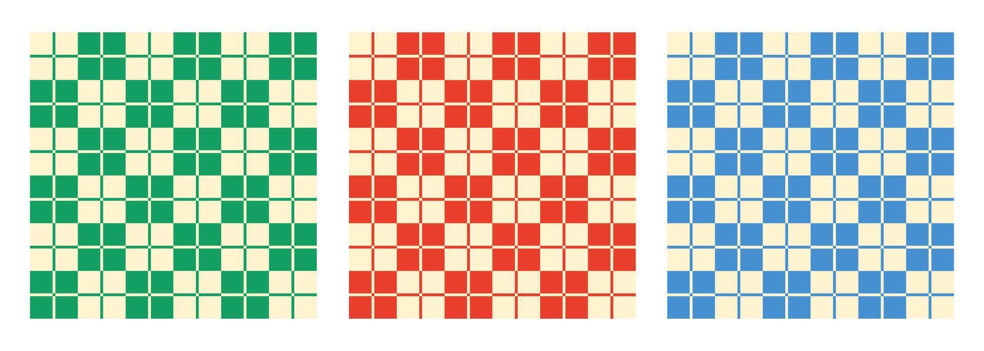 Retro aesthetic plaid seamless patterns in red, green and blue colors. Checkered geometric backgrounds with squares vector