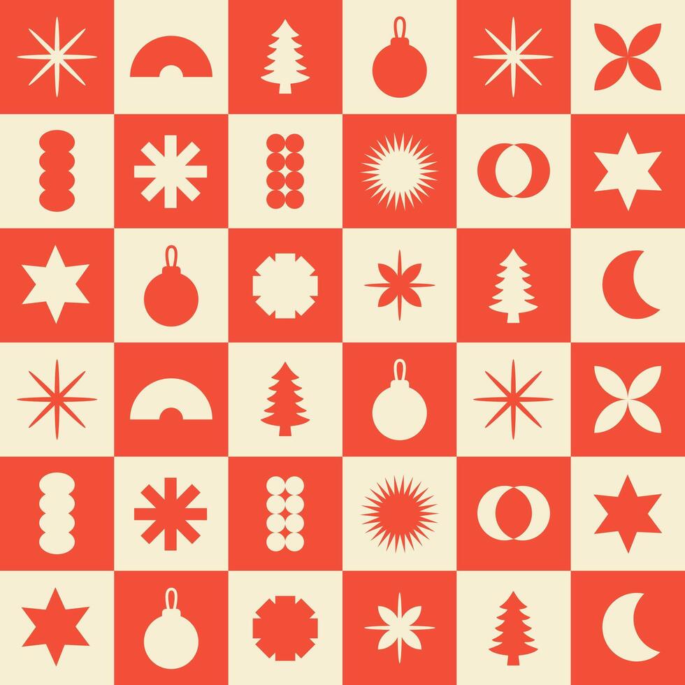 Geometric christmas seamless pattern. Trendy abstract swiss background. Red and beige colors. vector