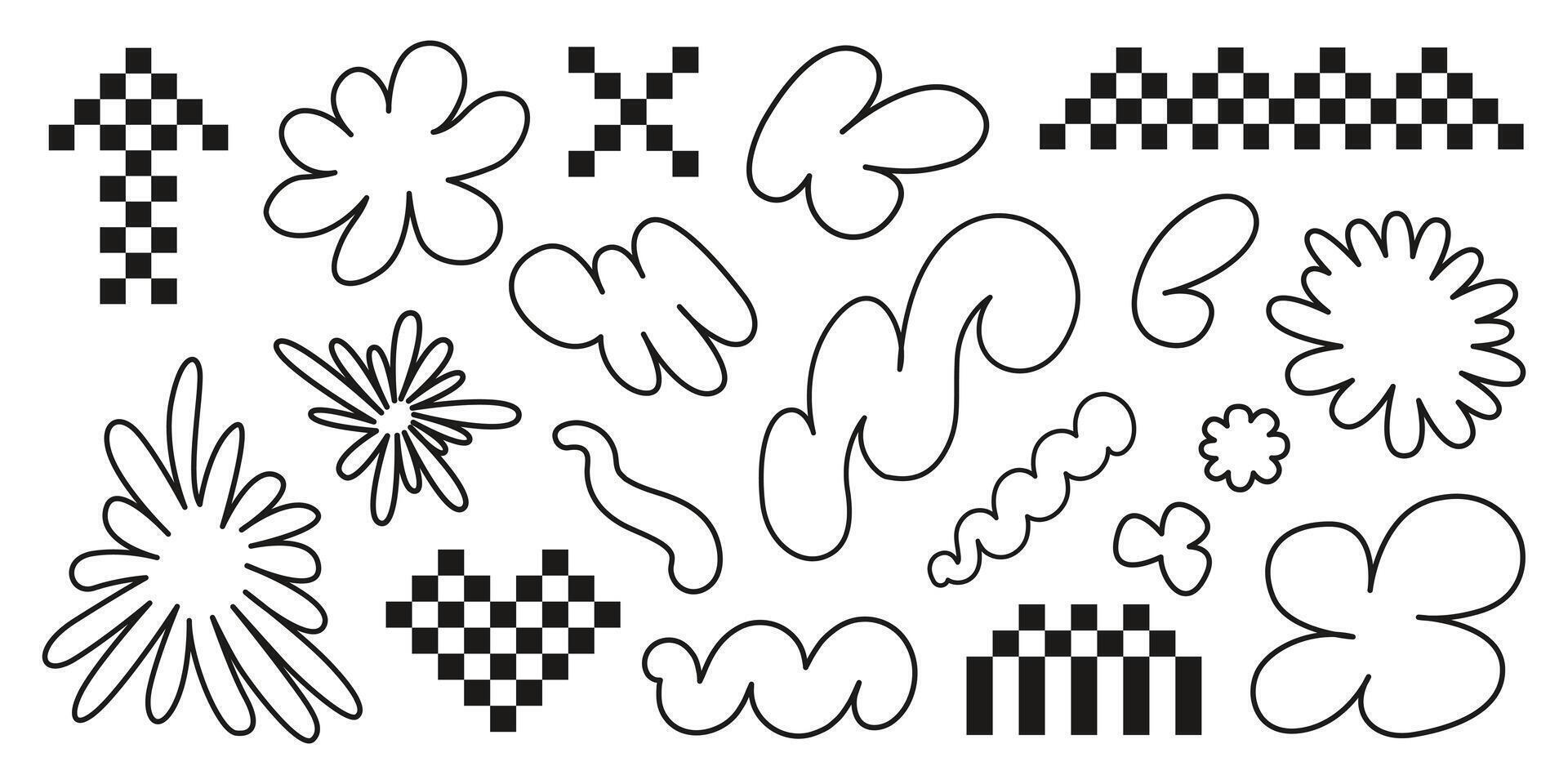 Set of y2k black elements isolated on a white background. Hand drawn collection of heart pixel, arrow, cross, wave, flower, organic shapes vector