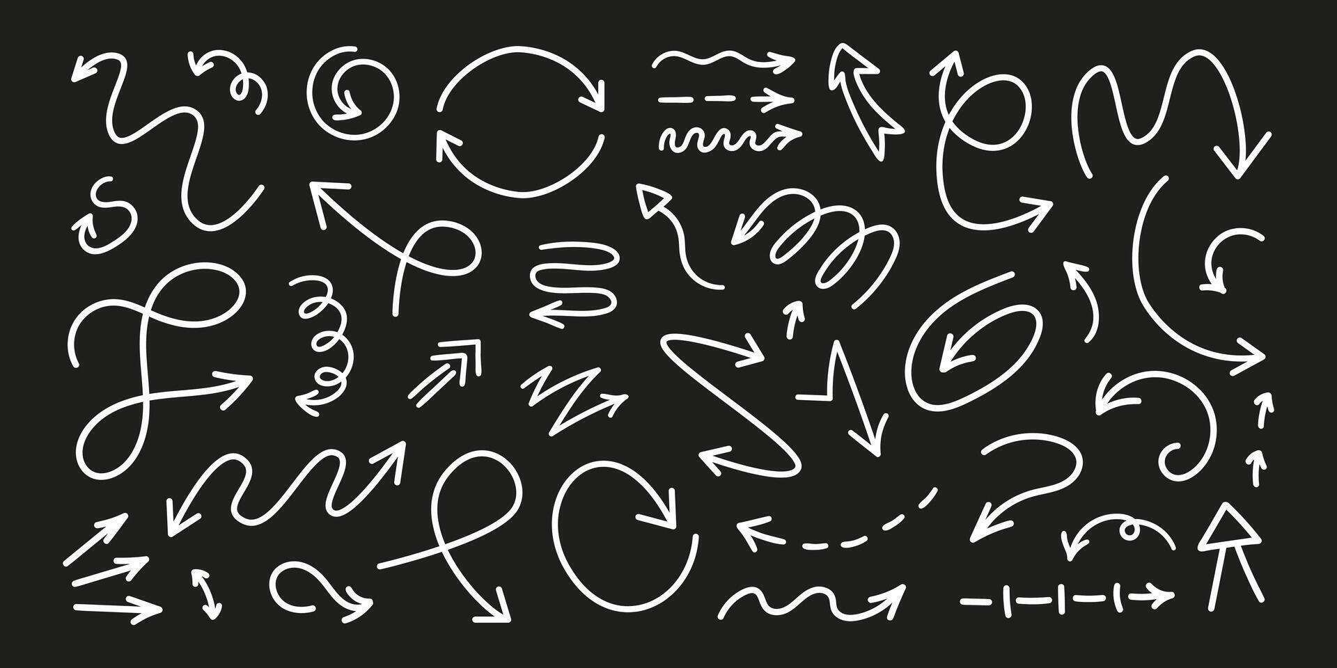 Hand drawn arrows set for business plan, presentation and education. White arrows isolated on a black background. vector