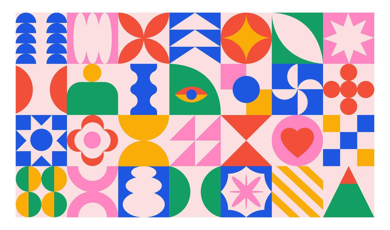 Banner or background of abstract colorful geometric shapes. Bright brutal contemporary icons. Various geometric figures. vector