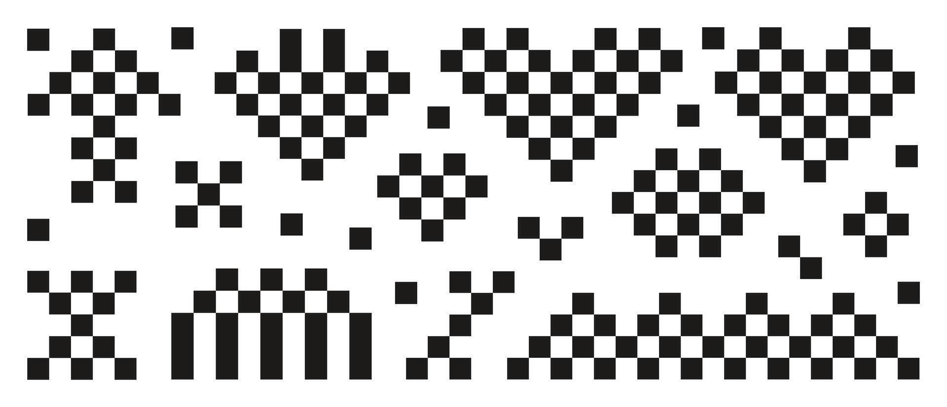 Collection of pixel icons isolated on white background. Simple black retro shapes vector