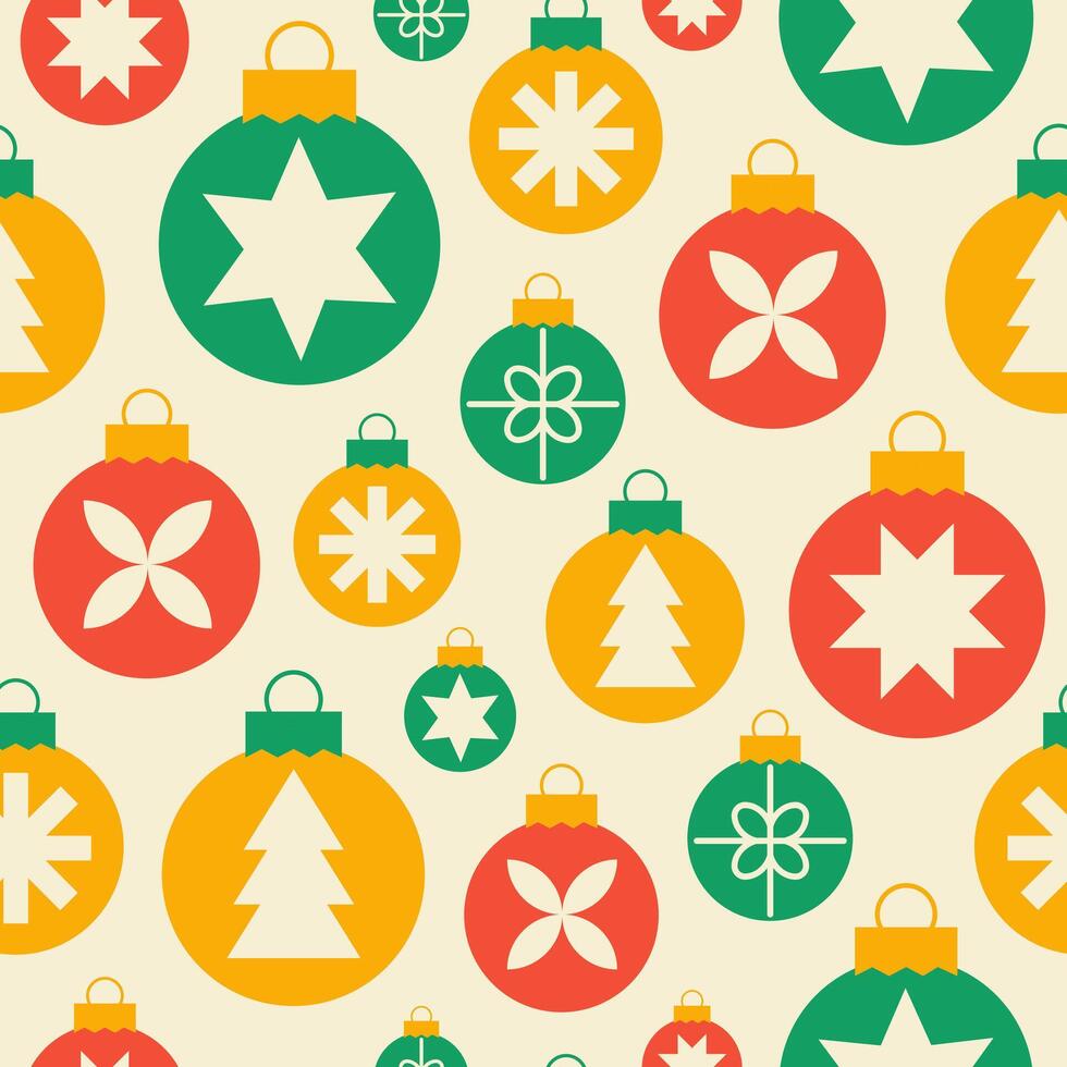 Christmas seamless pattern with minimalist geometric balls. Red, green, yellow and beige colors vector