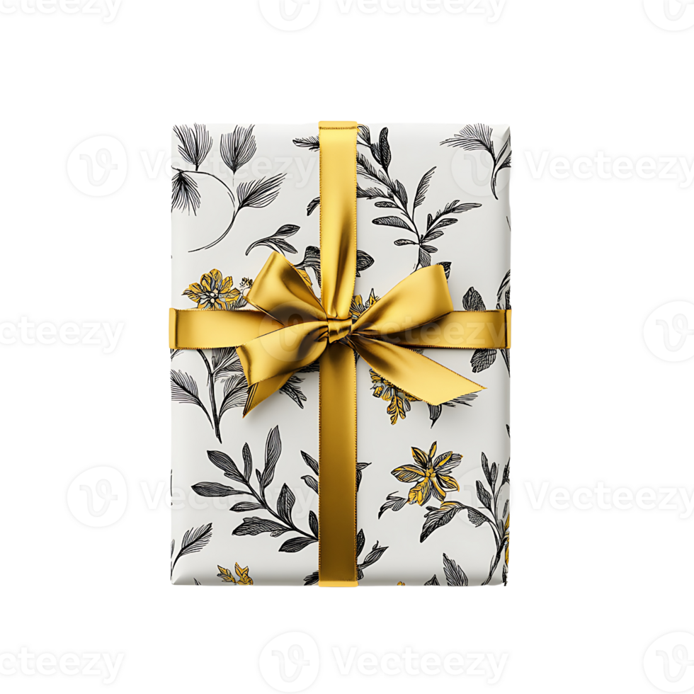 A gift wrapped in white and gold with a bow png