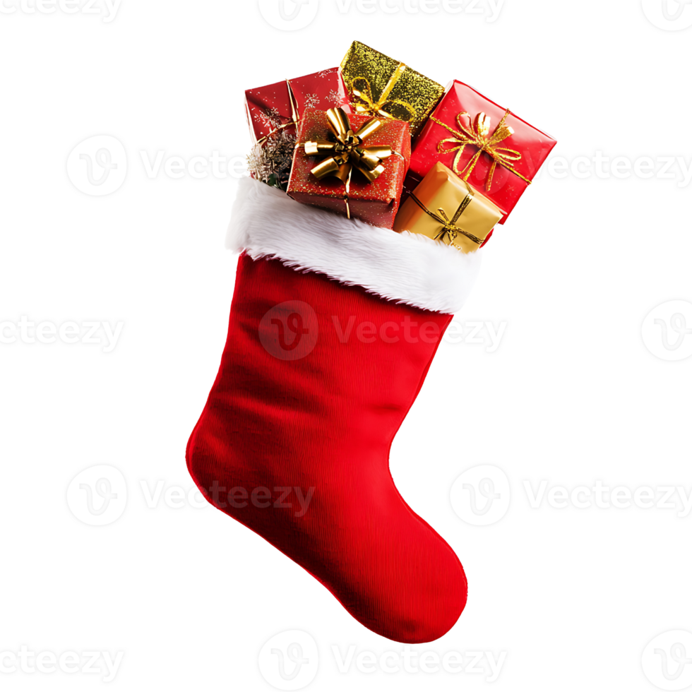 A red christmas stocking with many gifts png