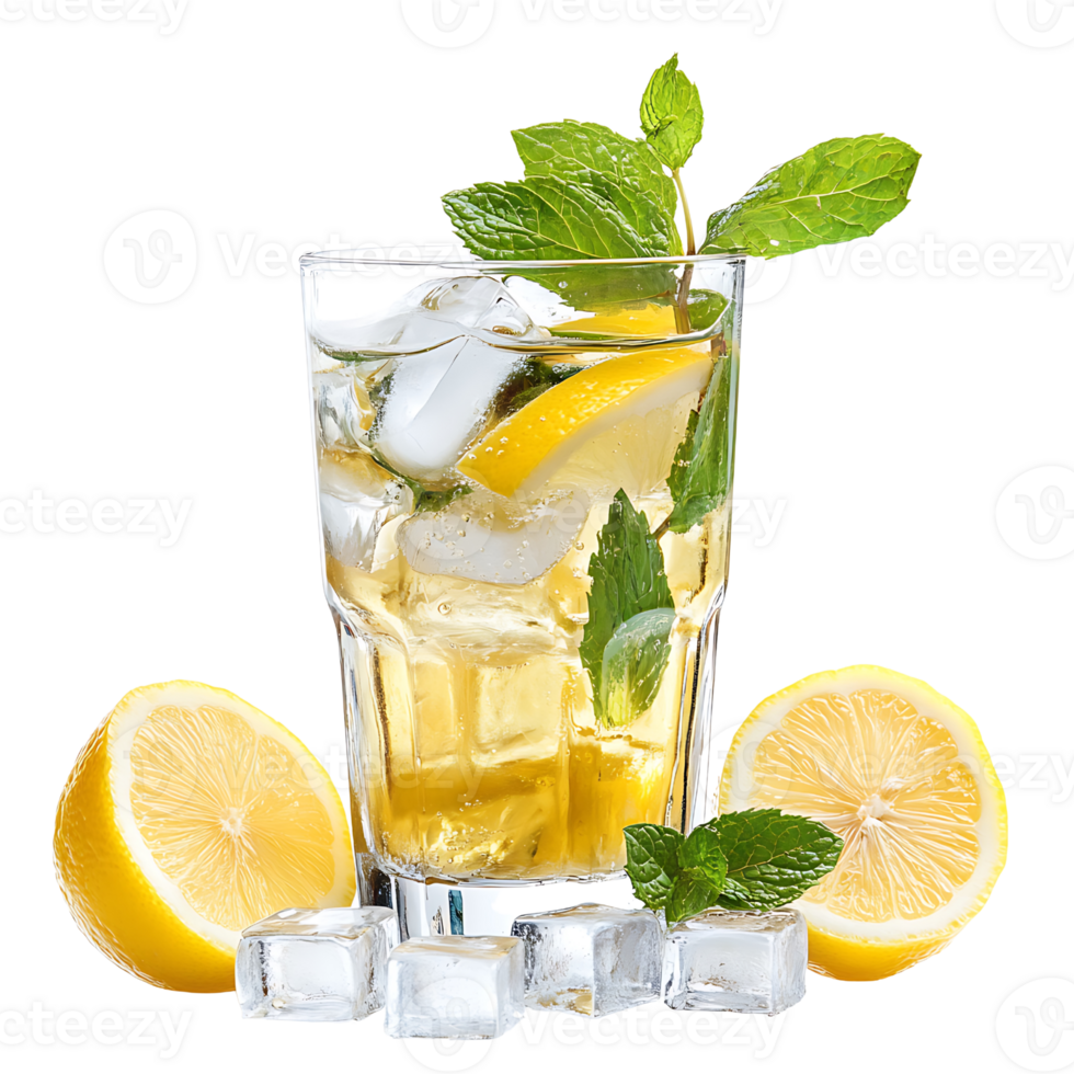 A glass of lemonade with ice cubes and lemons png