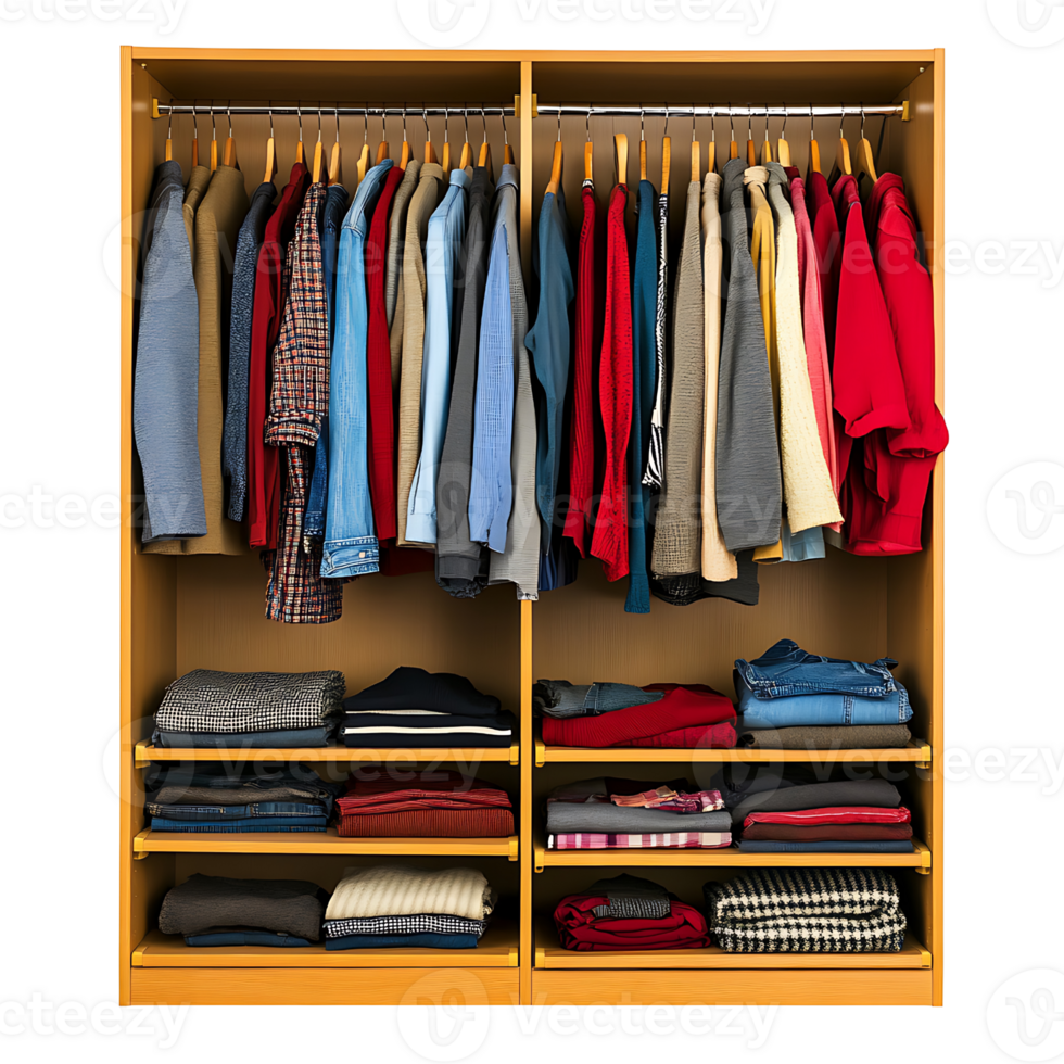 A closet with clothes and shirts on the shelves png