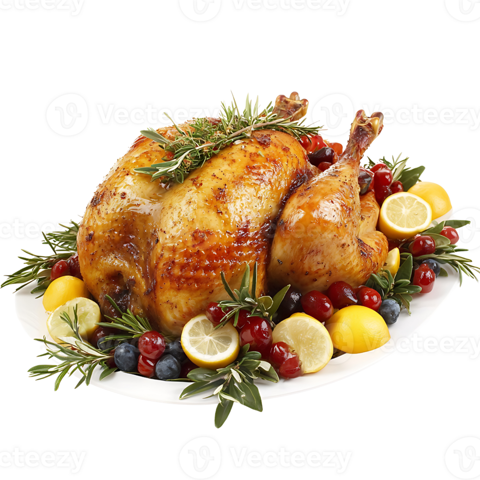 A turkey with fruit and herbs on a plate png