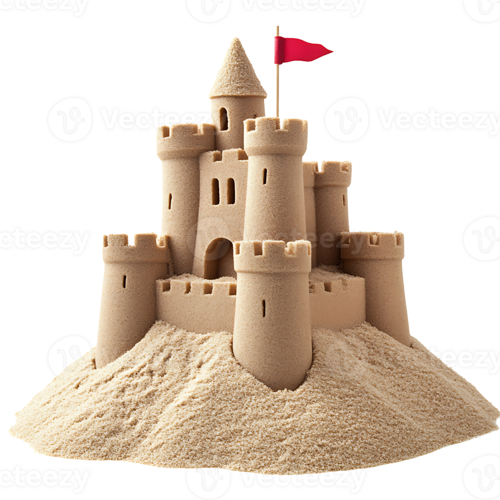 A sand castle with a red flag on top png