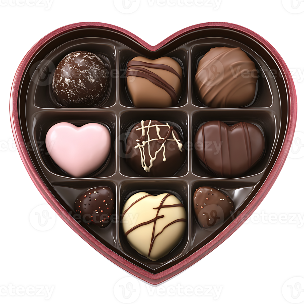 A heart shaped box of chocolates with different types of chocolates png