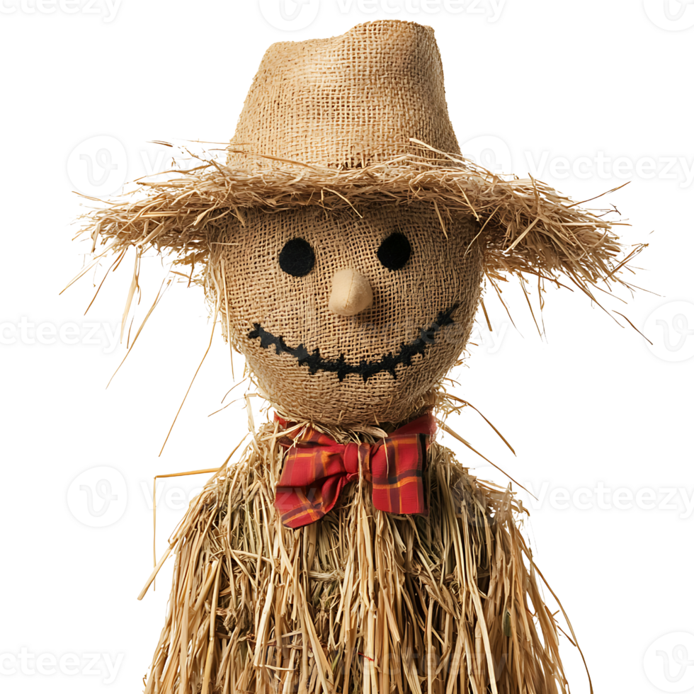 A scarecrow with straw hat and bow tie png