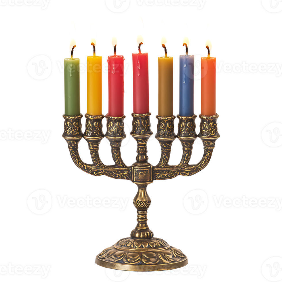 A menorah with five lit candles on it png