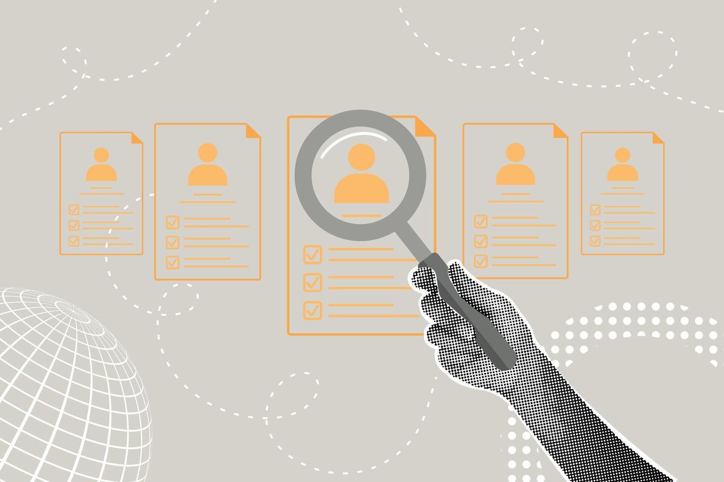 Trendy halftone collage. Concept of hiring employees,HR, checking information about employees and applicants. Fashionable modern retro illustration in mixed technique vector