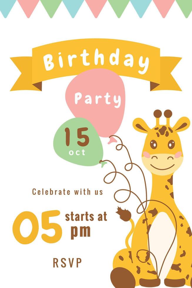 Birthday invitation card with cheerful jolly, kind giraffe and balloons. Childrens birthday party invitation template. illustration on colored background. vector