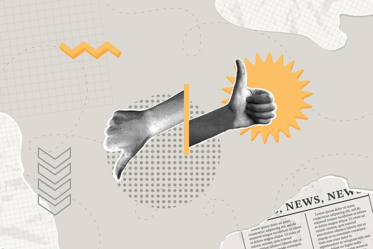 Contemporary halftone collage. Quality concept, rating,reviews. Hands with thumbs up and thumbs down gestures. Modern business collage for design vector