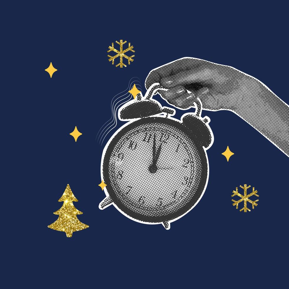 Trendy christmas halftone collage. Alarm clock in hand, shows 5 minutes to the new year. Halftone collage with gold glitter texture for cards, posters, templates vector