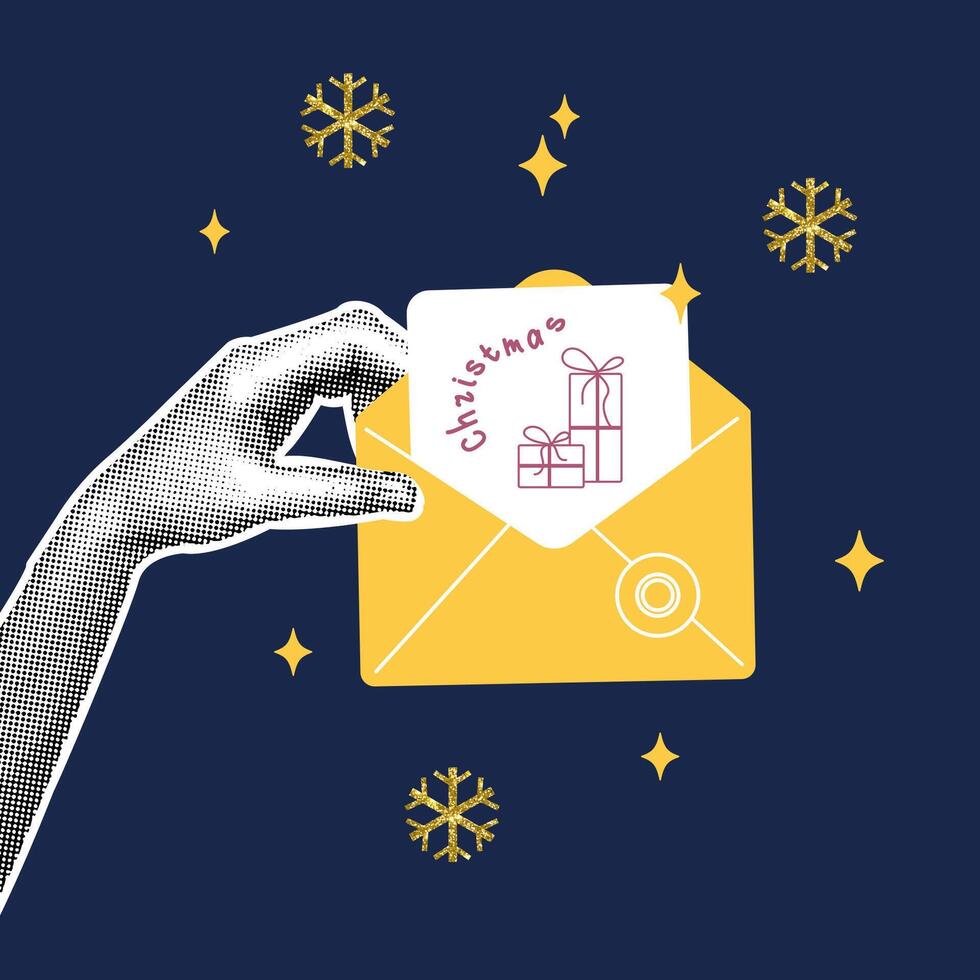 Trendy christmas halftone collage. In hand an envelope with a Christmas card. Halftone collage with gold glitter texture for cards, posters, templates vector