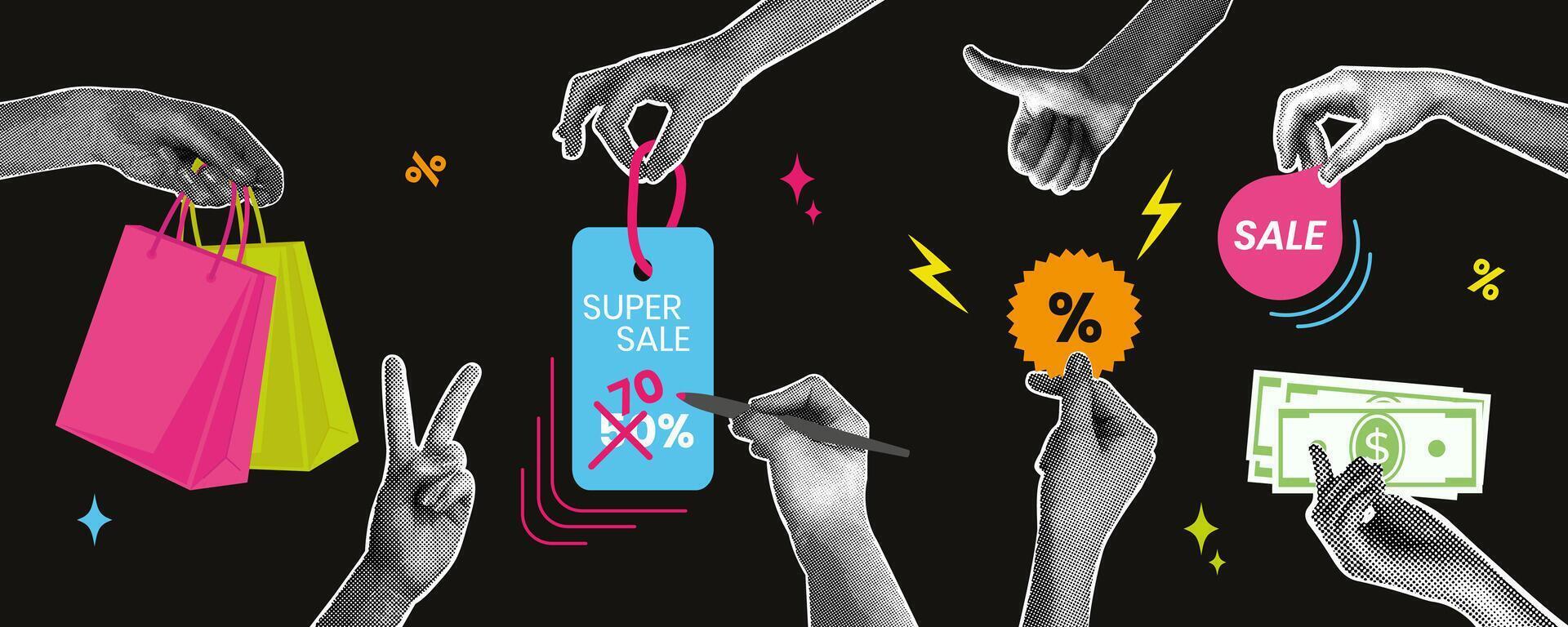 Trendy halftone collage. Fashionable retro collage from 80s with SALE theme for design. Image of hands with shopping,discount coupon, different gestures. Fashionable modern retro illustration in mixed vector
