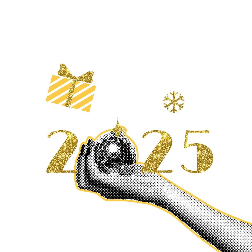 Trendy isolated Christmas halftone collage. Disco ball in hand and numbers 2025. Halftone collages with gold glitter texture for cards, posters, templates.Modern retro illustration vector