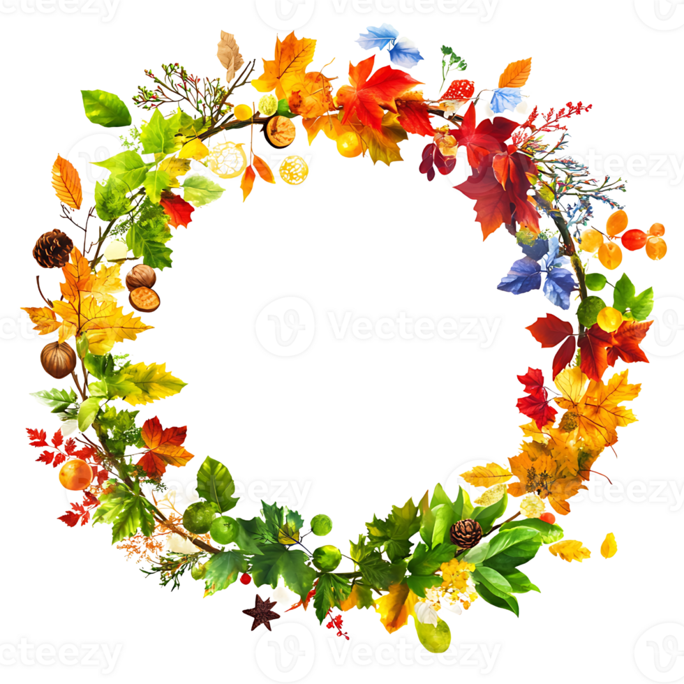 autumn wreath with leaves and acorns on transparent background png