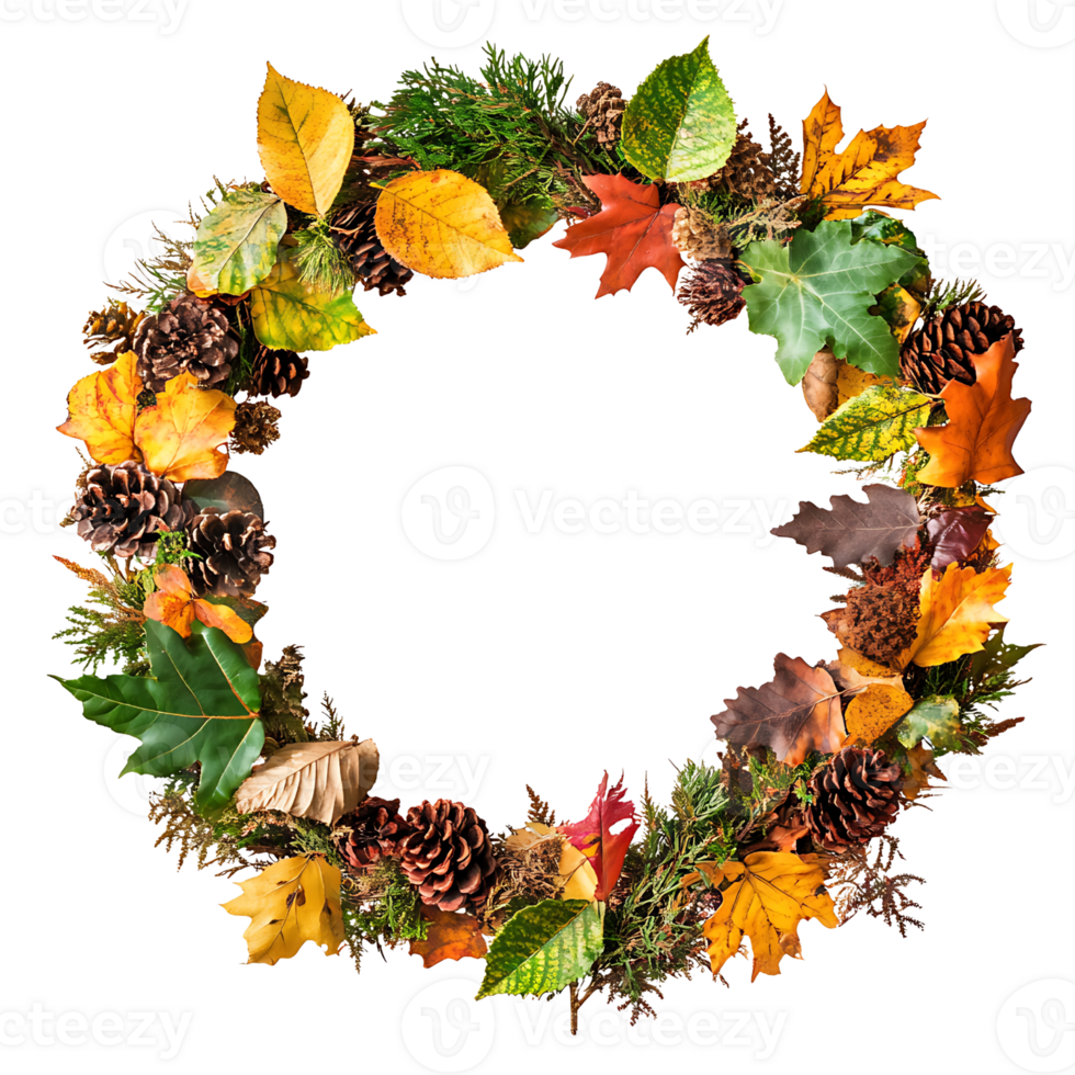 autumn wreath with leaves and pine cones on transparent background png