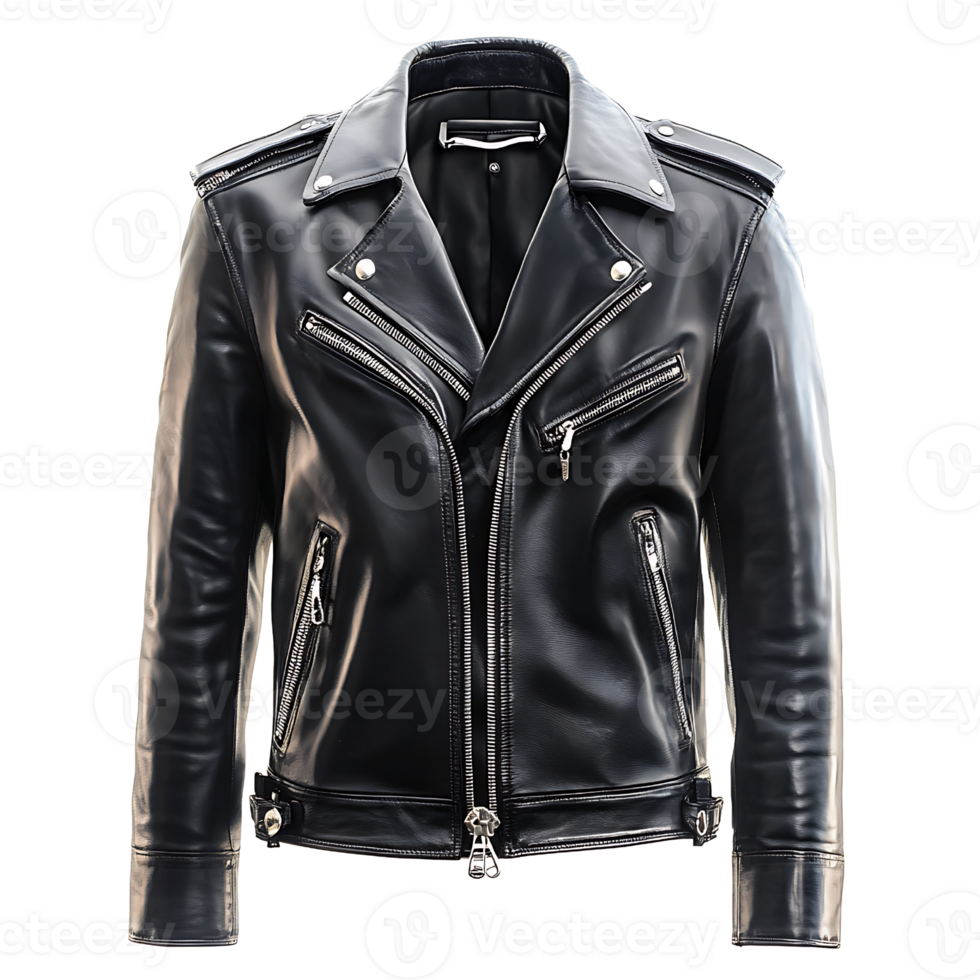 A black leather jacket with zippers on the sleeves png