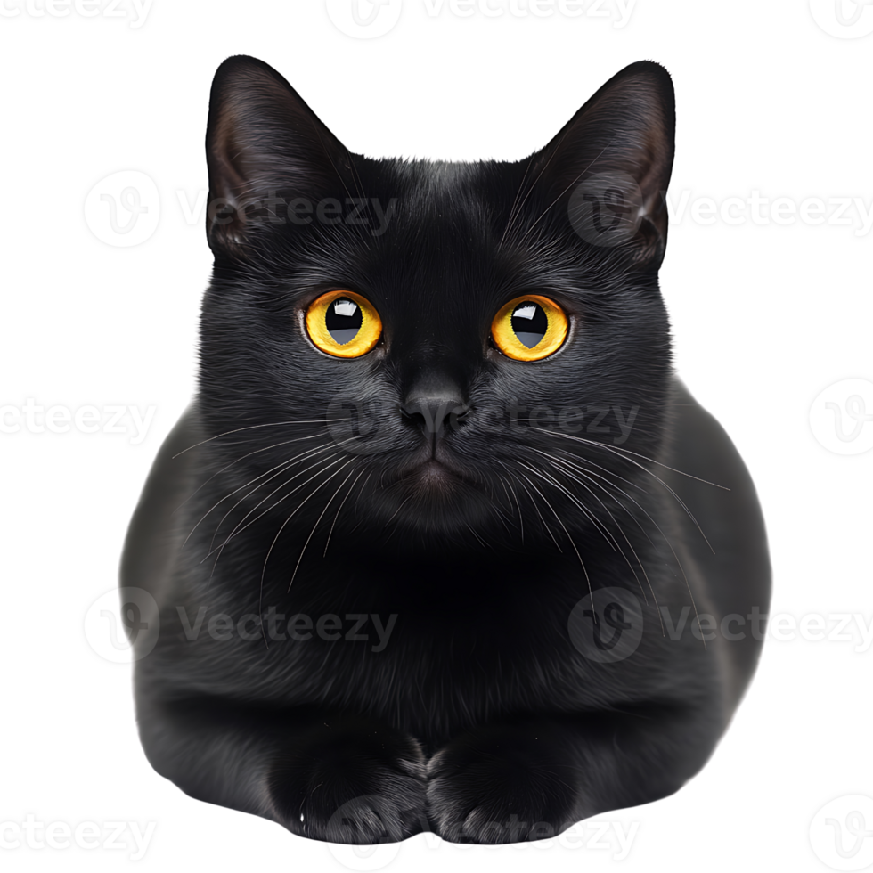 A black cat with yellow eyes is sitting down png