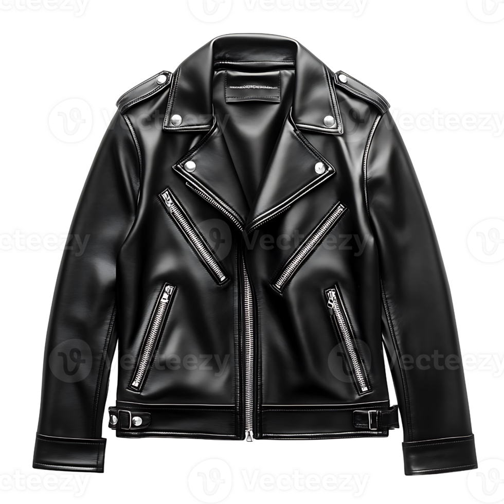 A black leather jacket with zippers on the sleeves png