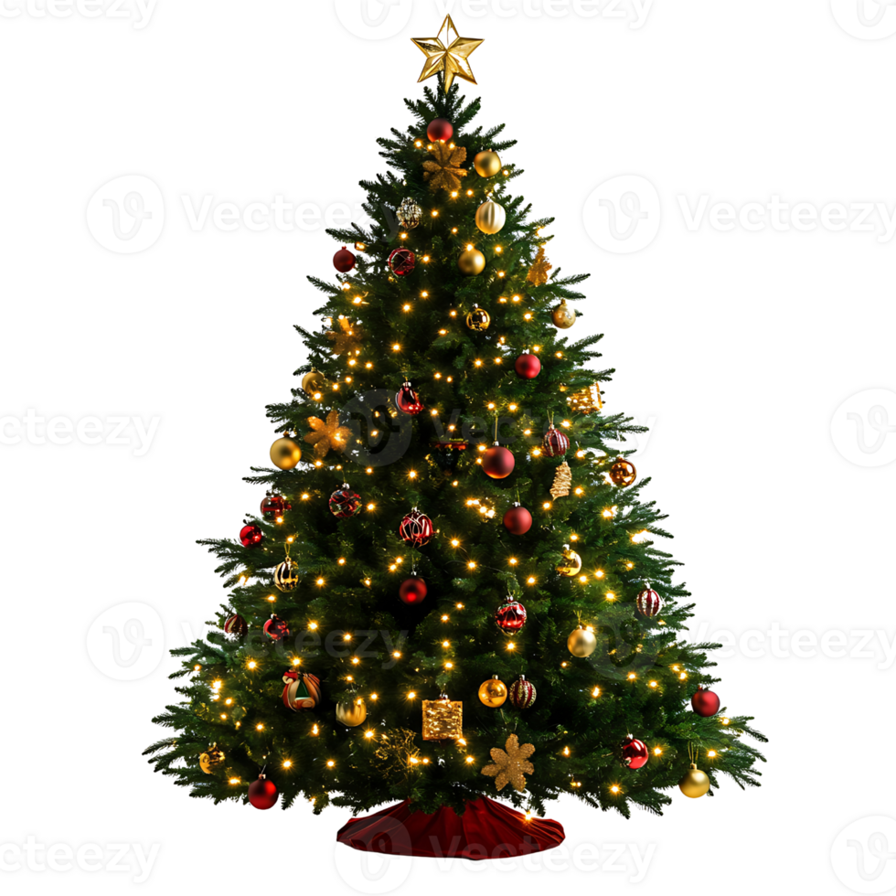 A christmas tree with gold and red decorations png