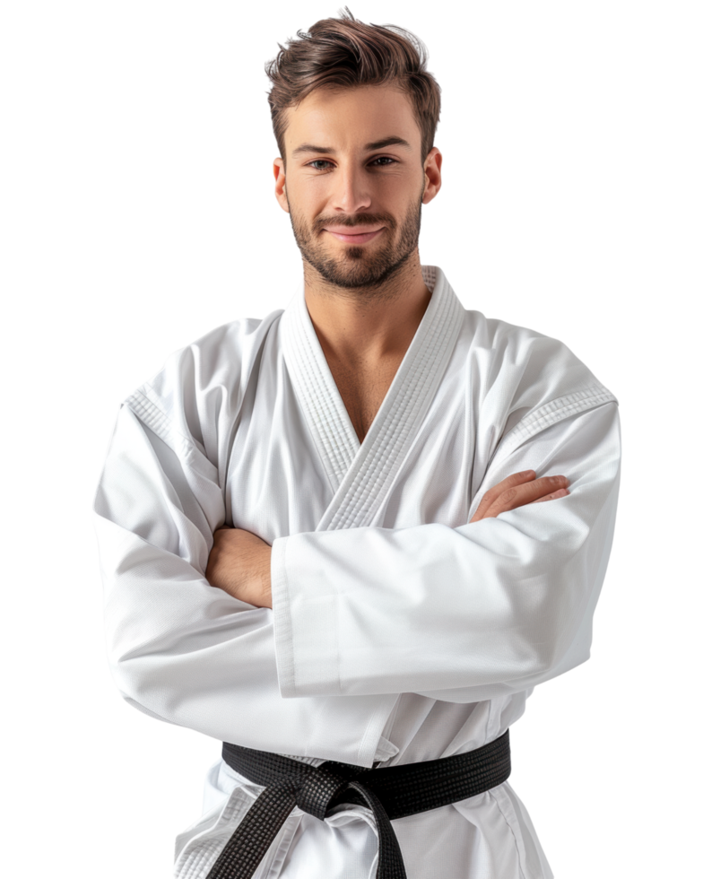 man in karate uniform with arms crossed isolated on transparent background png