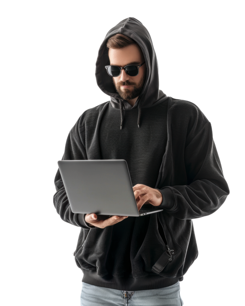 Man in hoodie using laptop computer isolated on transparent background png