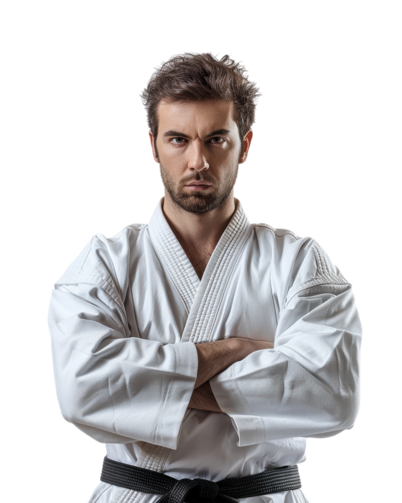 Serious Karate Fighter in White Uniform with Black Belt isolated on transparent background png