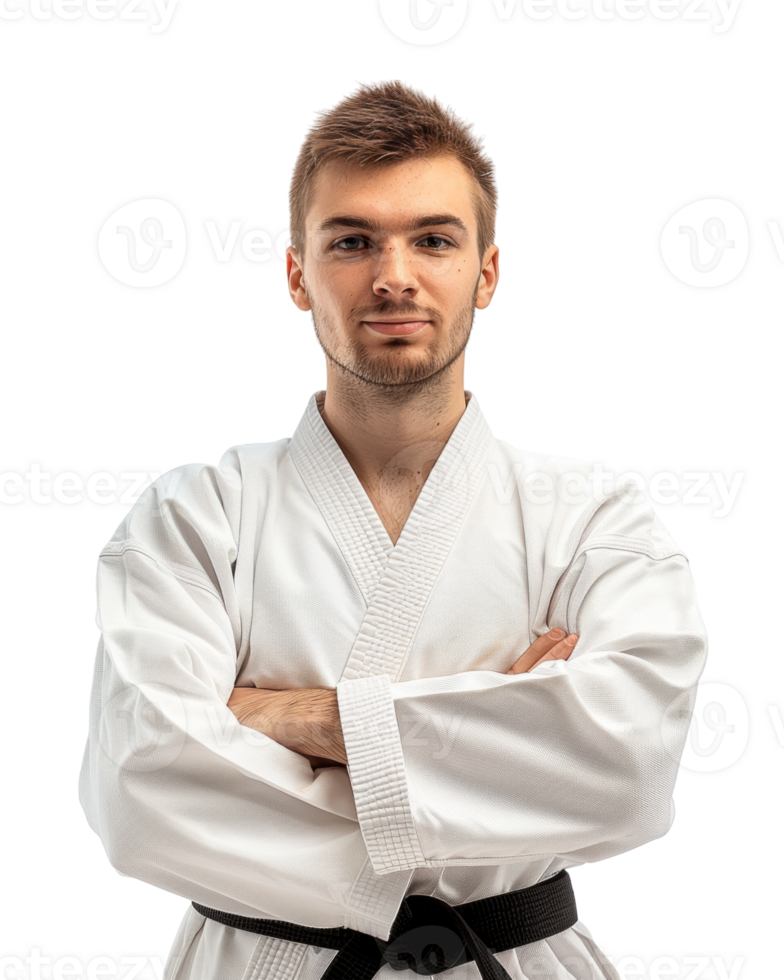 Confident Karate Athlete in White Gi with Black Belt isolated on transparent background png