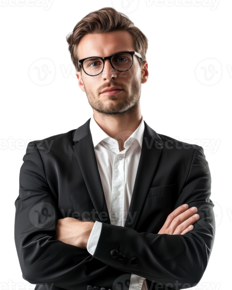 Young male businessman in black suit arms crossed isolated on transparent background png