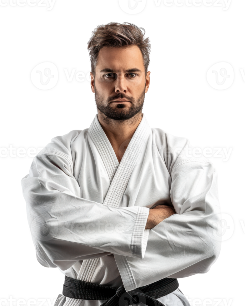 Portrait of a serious karate Athlete with a black belt isolated on transparent background png
