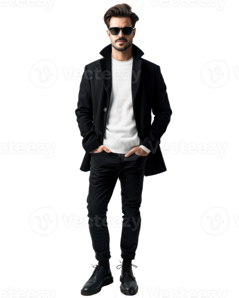 Stylish Man in Black Coat and White Sweater isolated on transparent background png