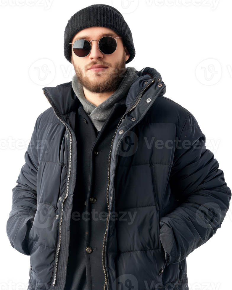 Young man in black winter jacket with beanie isolated on transparent background png