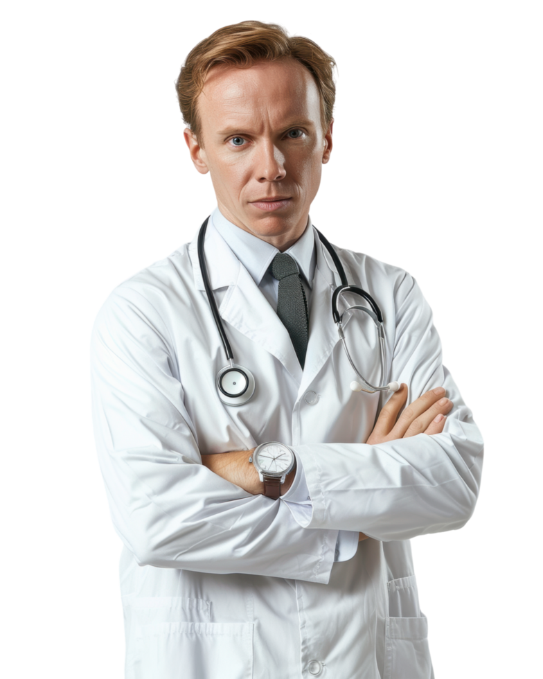 Confident Doctor with Stethoscope and Watch isolated on transparent background png