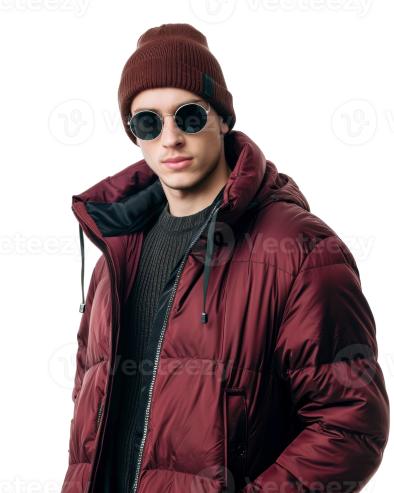 Young male in red jacket with sunglasses isolated on transparent background png