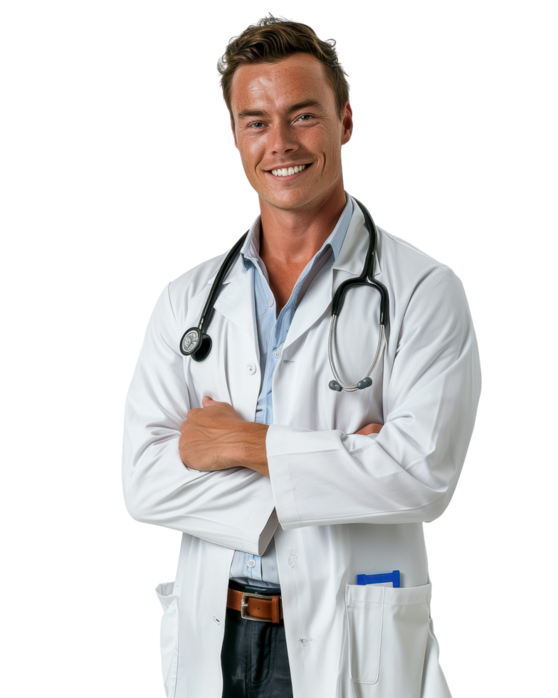 Confident doctor with stethoscope and arms crossed isolated on transparent background png