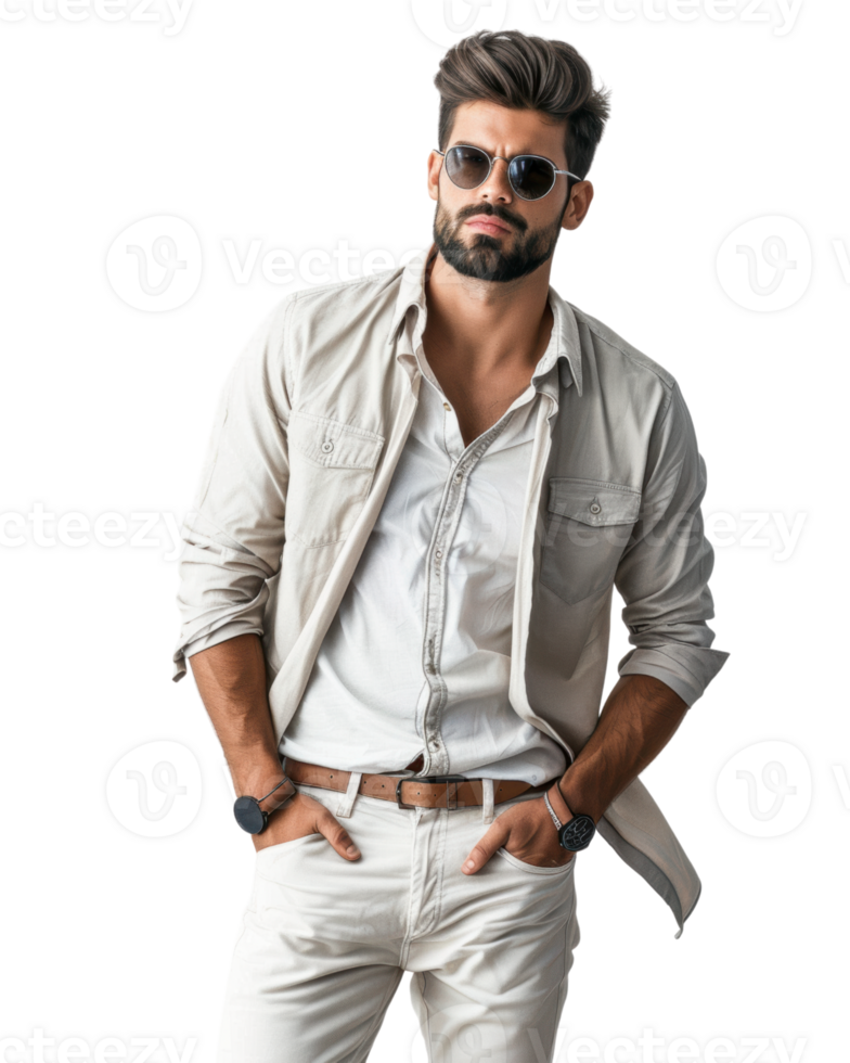 Handsome man in casual white shirt and sunglasses isolated on transparent background png