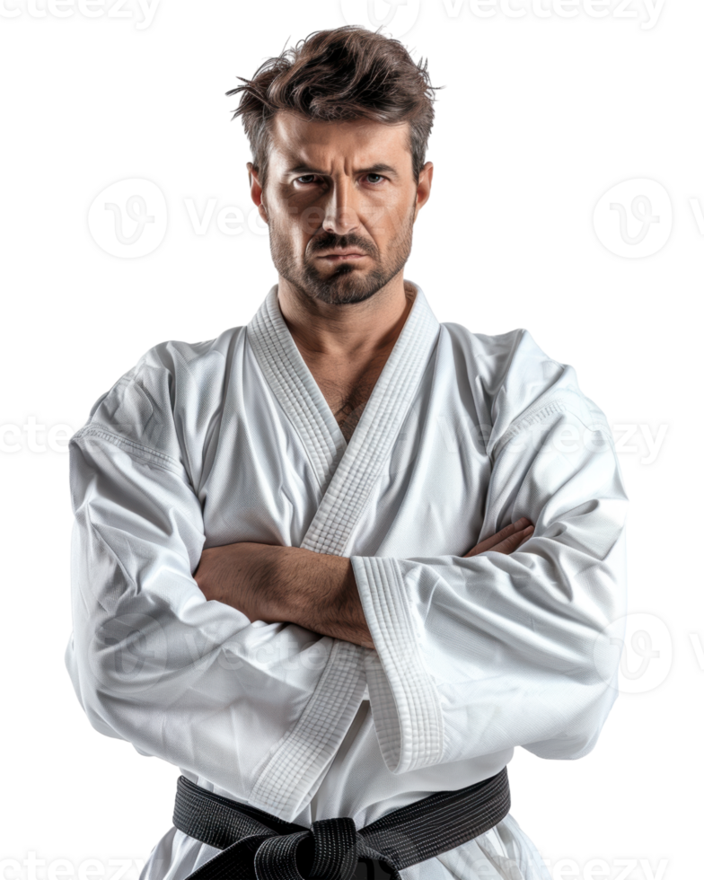 Man in white karate uniform with serious expression isolated on transparent background png
