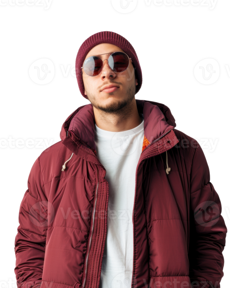 Young Man in red winter jacket with hands in pockets wearing sunglasses isolated on transparent background png