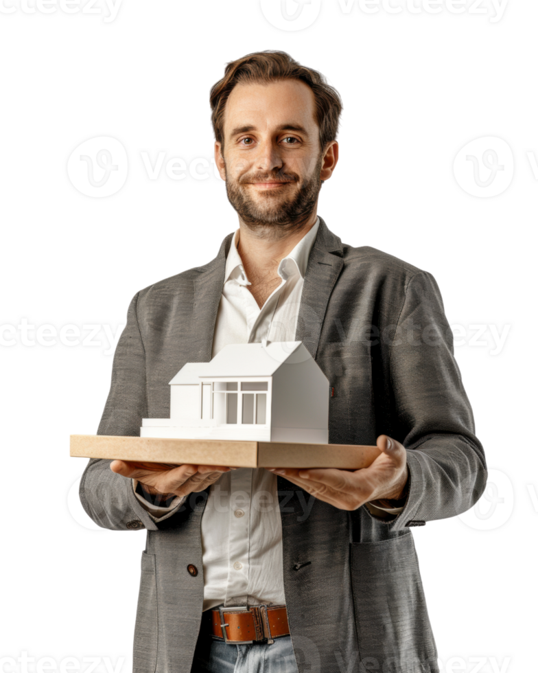 Happy man holding a model house isolated on transparent background png