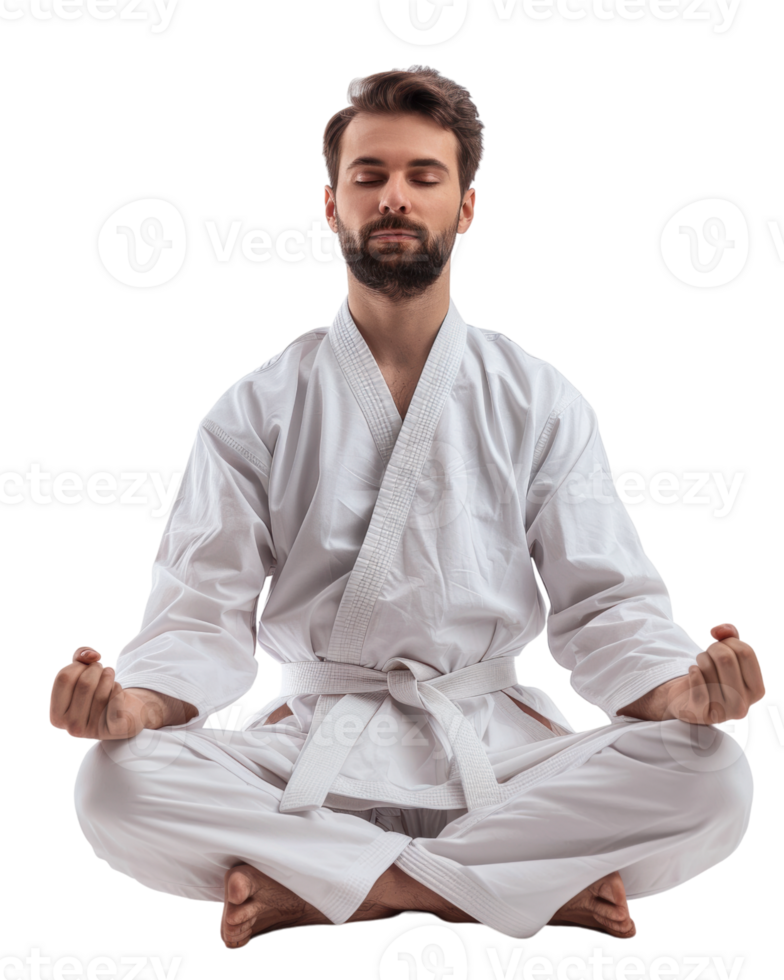Man in white karate gi meditating isolated on transparent background png