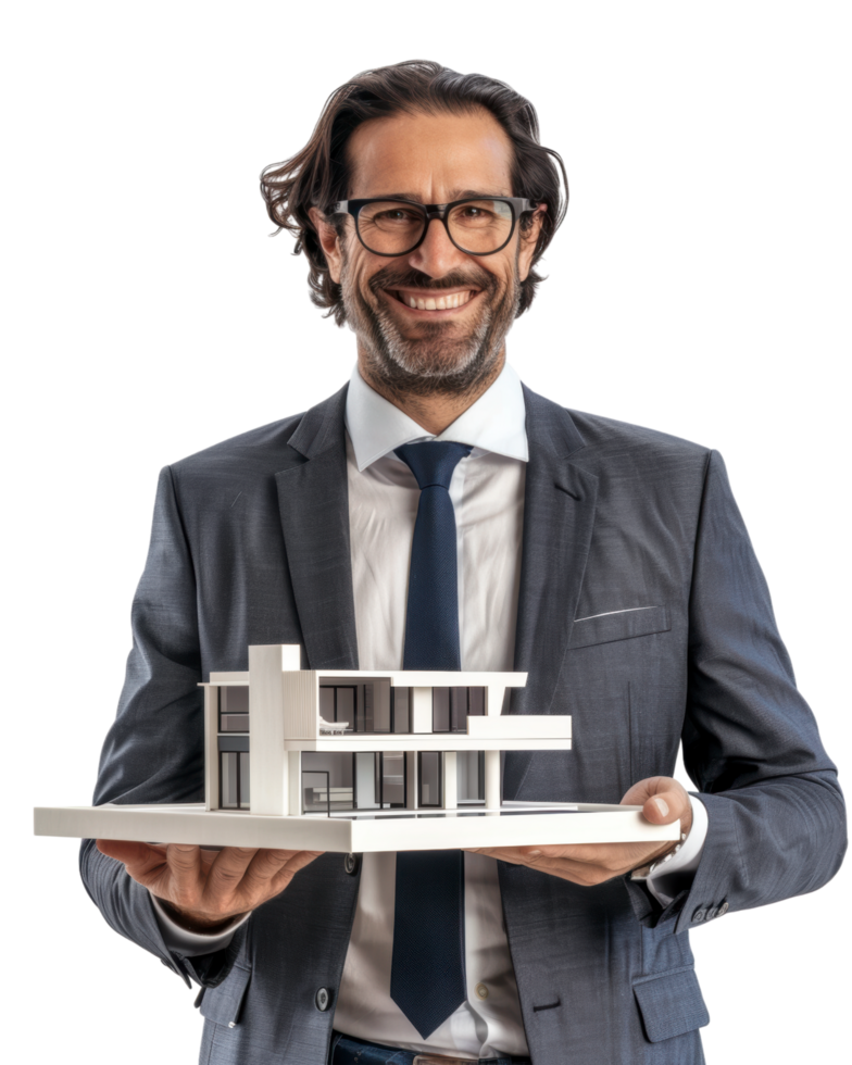 Young Man in gray suit smiling and holding a house model isolated on transparent background png