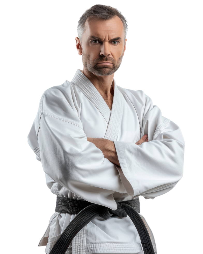 Confident Karate Expert in White Uniform with Black Belt isolated on transparent background png