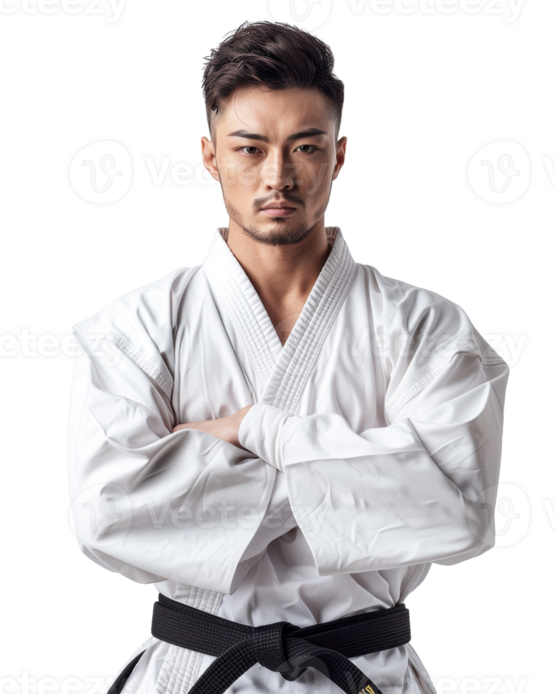 Young man in karate uniform with arms crossed with serious expression isolated on transparent background png
