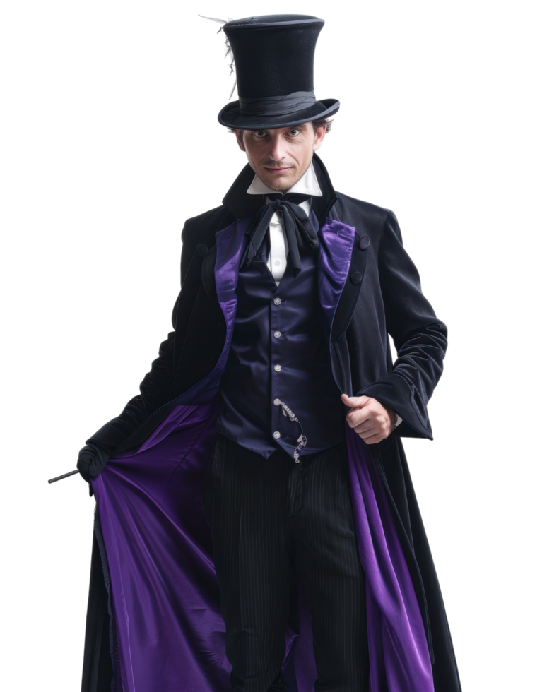 Magician in a Black Suit and Top Hat with a Purple Lining isolated on transparent background png