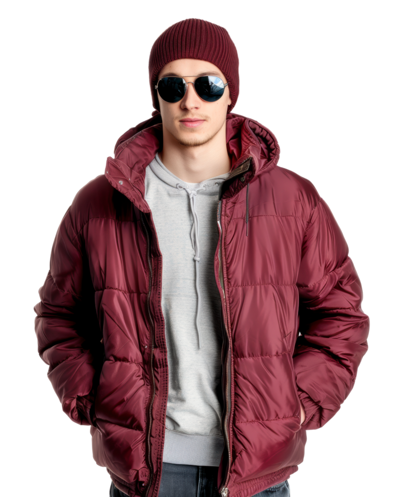 Man in red winter jacket with hands in pockets isolated on transparent background png
